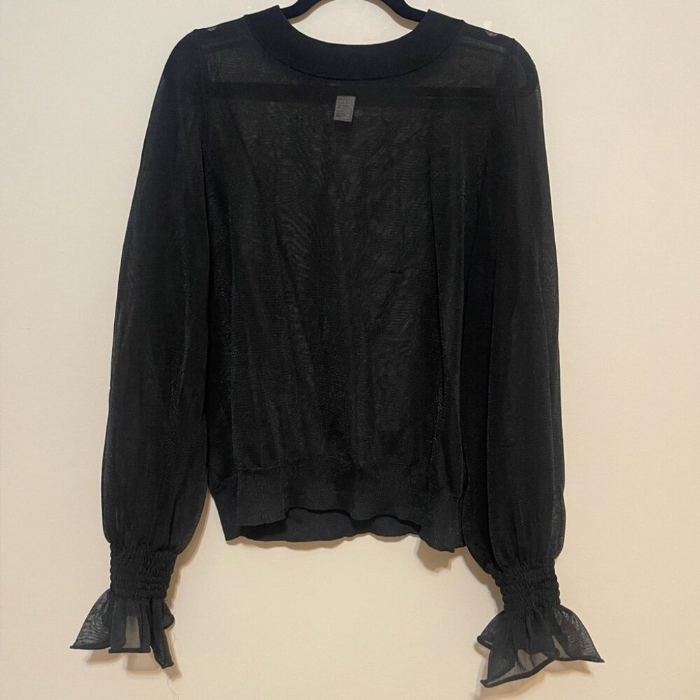 H&M Shimmery Black Mesh Blouse With Ruffle Balloon sleeves Women Size M US